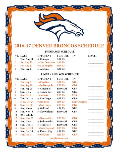 Denver Broncos Schedule Printable